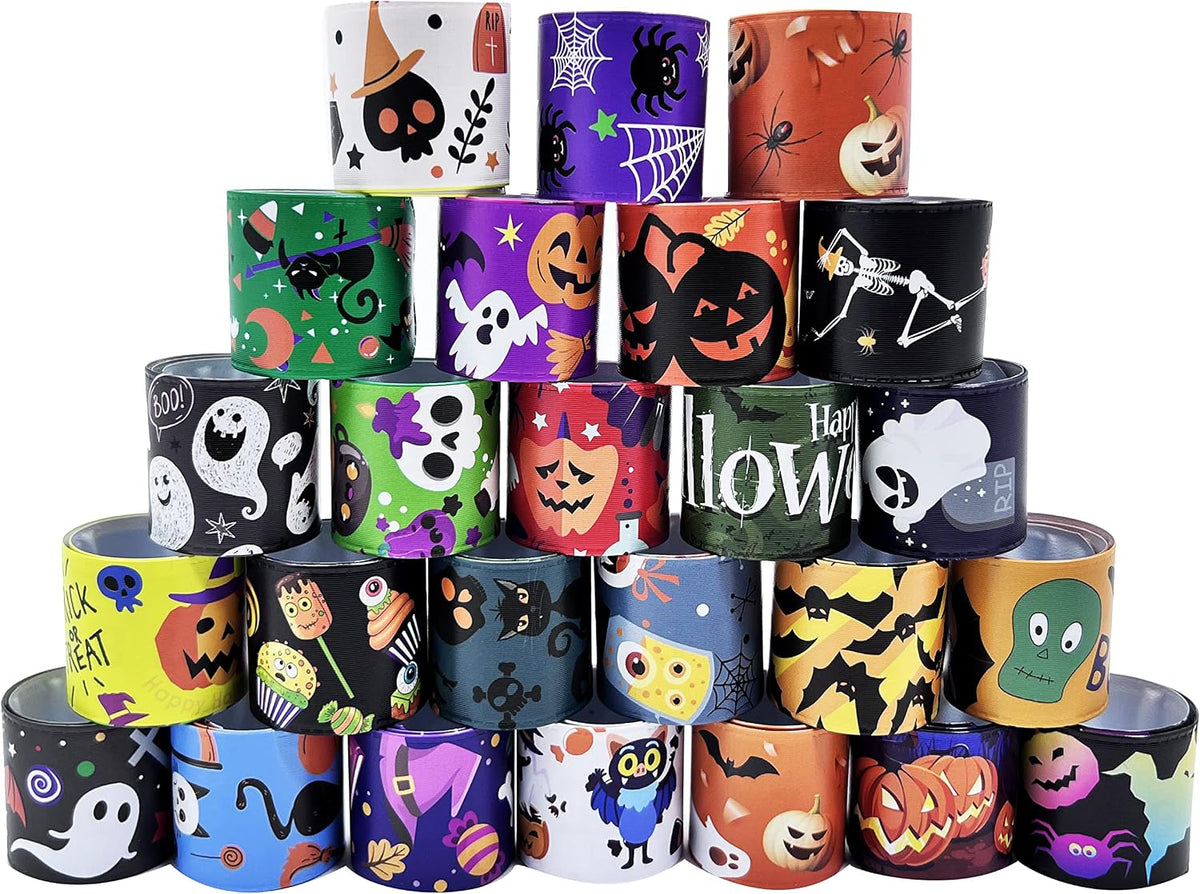Dminya 24 pack Halloween slap bracelets for kids with skull, pumpkin, ghost and bat prints - view 3