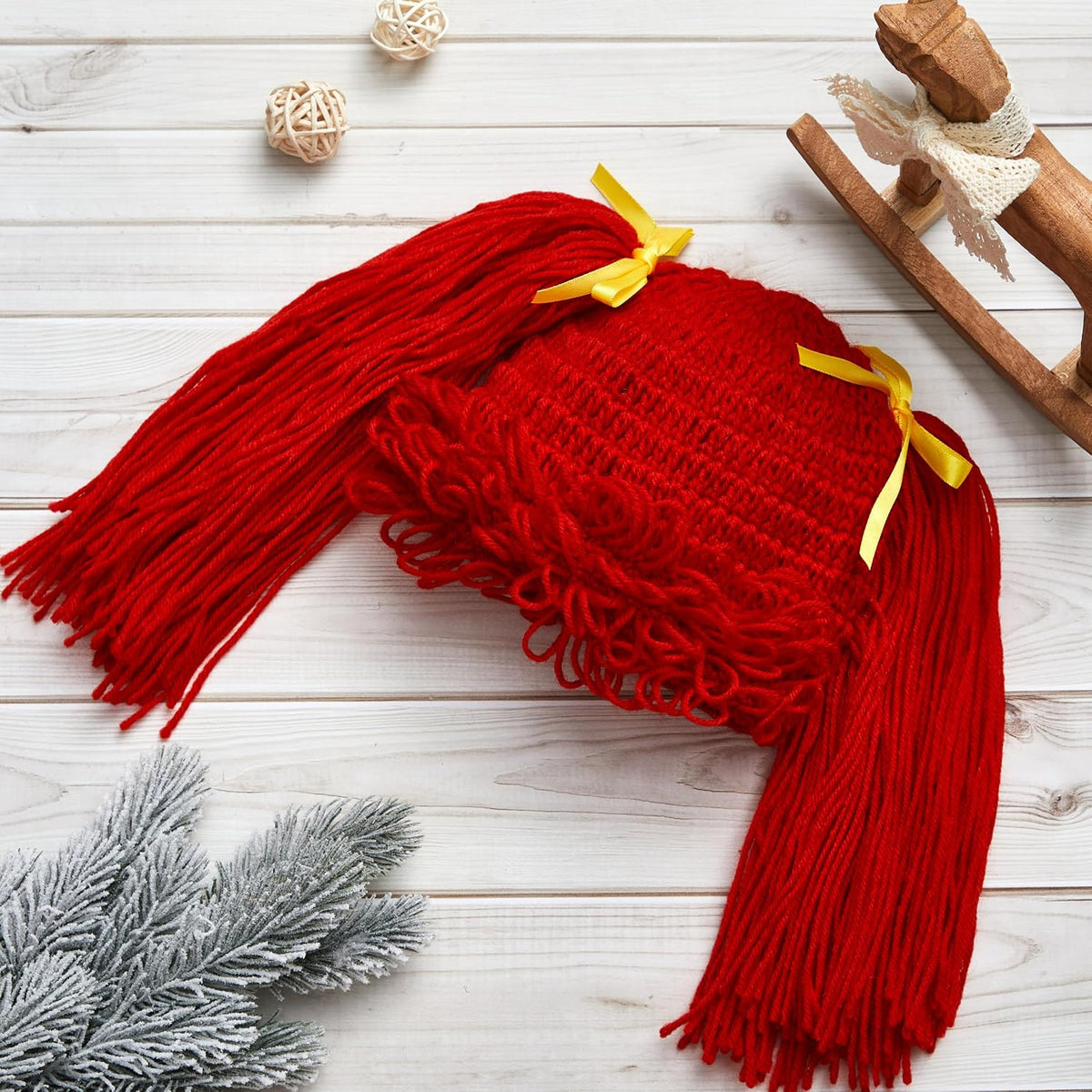 Halloween Cabbage Costume Yarn Wig - Red 3 / Straight Pigtails - image 4