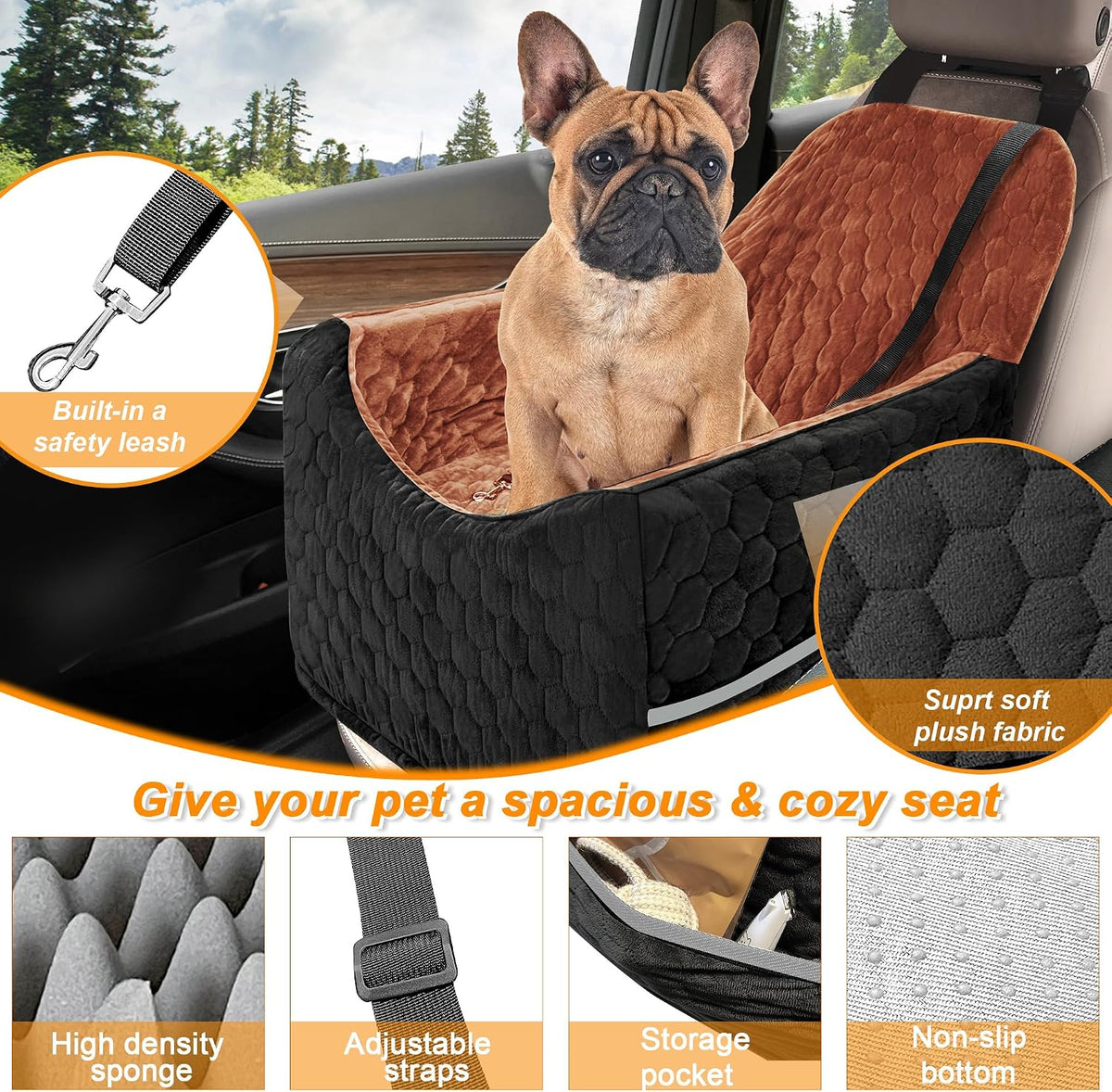 Dog Car Seat for Small/Medium Dogs, Memory Foam Dog Booster Seat - Black/Red Brown / Medium - image 3