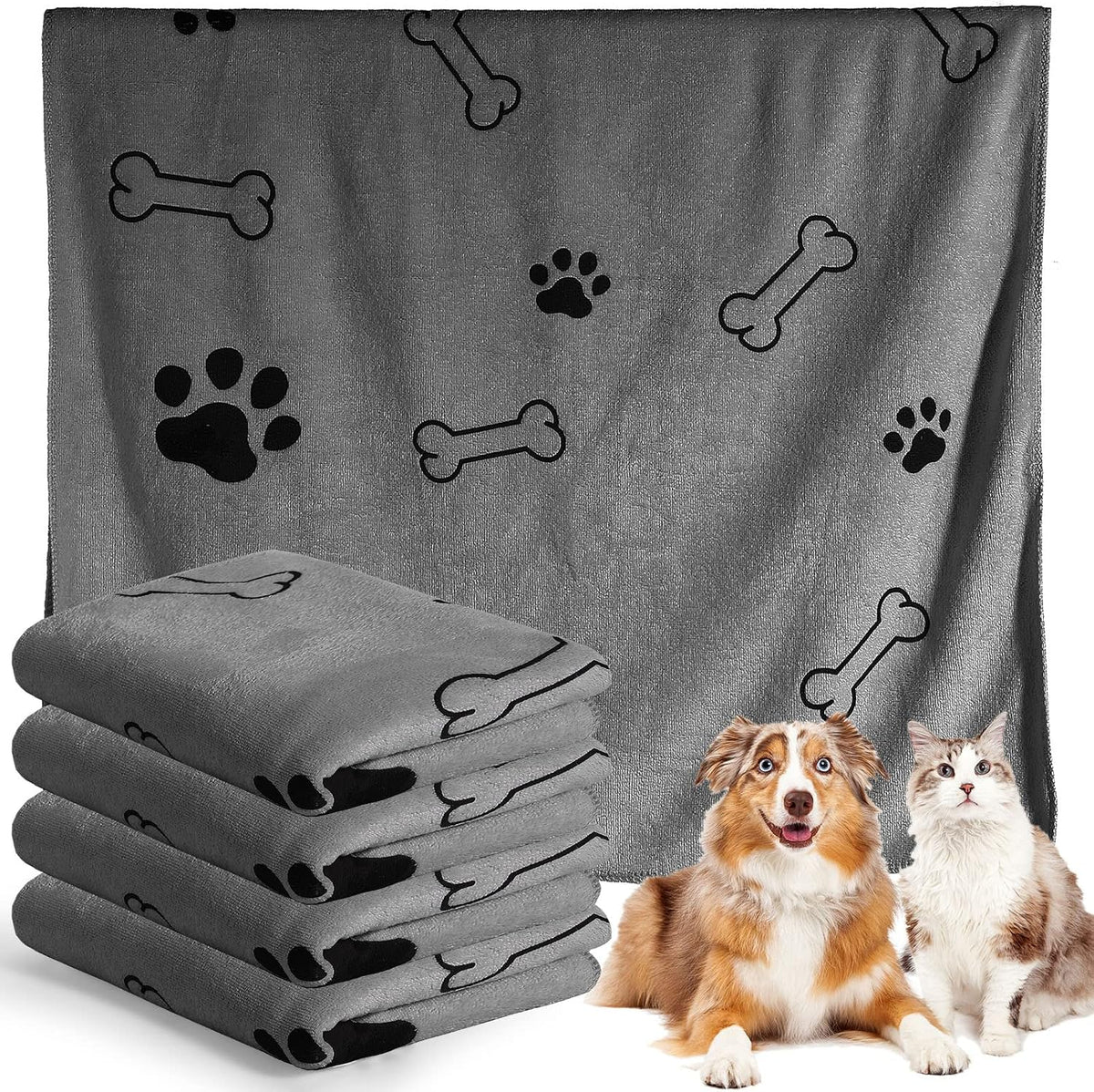 Chumia 4 Pcs Dog Towels for Drying Dog Puppy Bulk Microfiber - 55 x 28 Inch / Gray