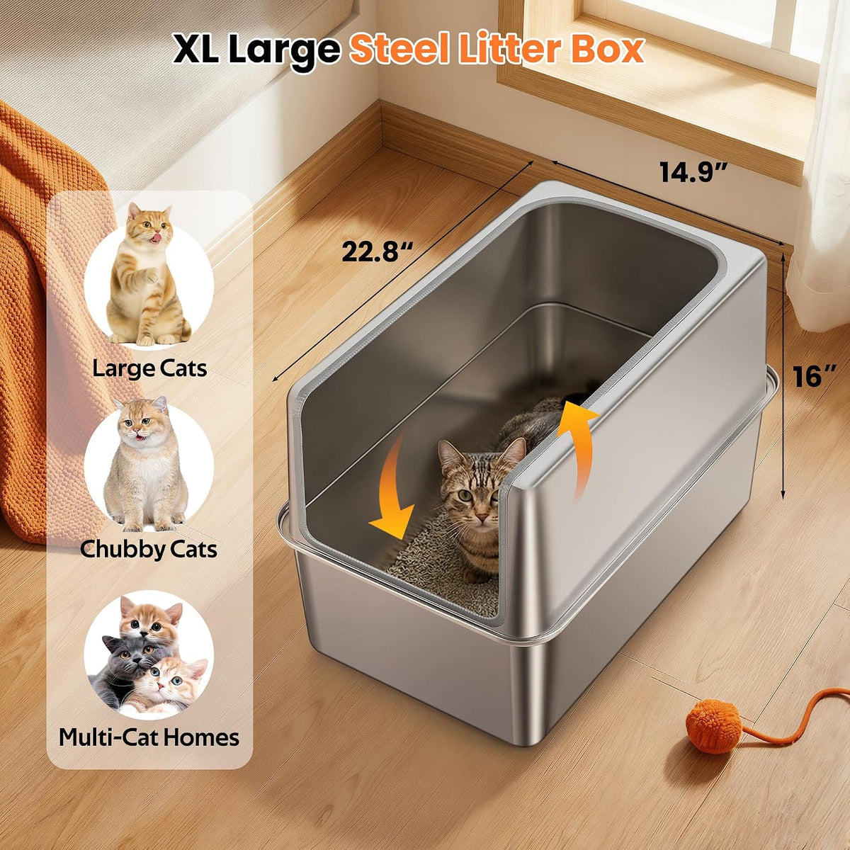 Stainless Steel Litter Box with Metal Lid and Scoop - XXL-:22.8"x14.6"x15.7" - image 4