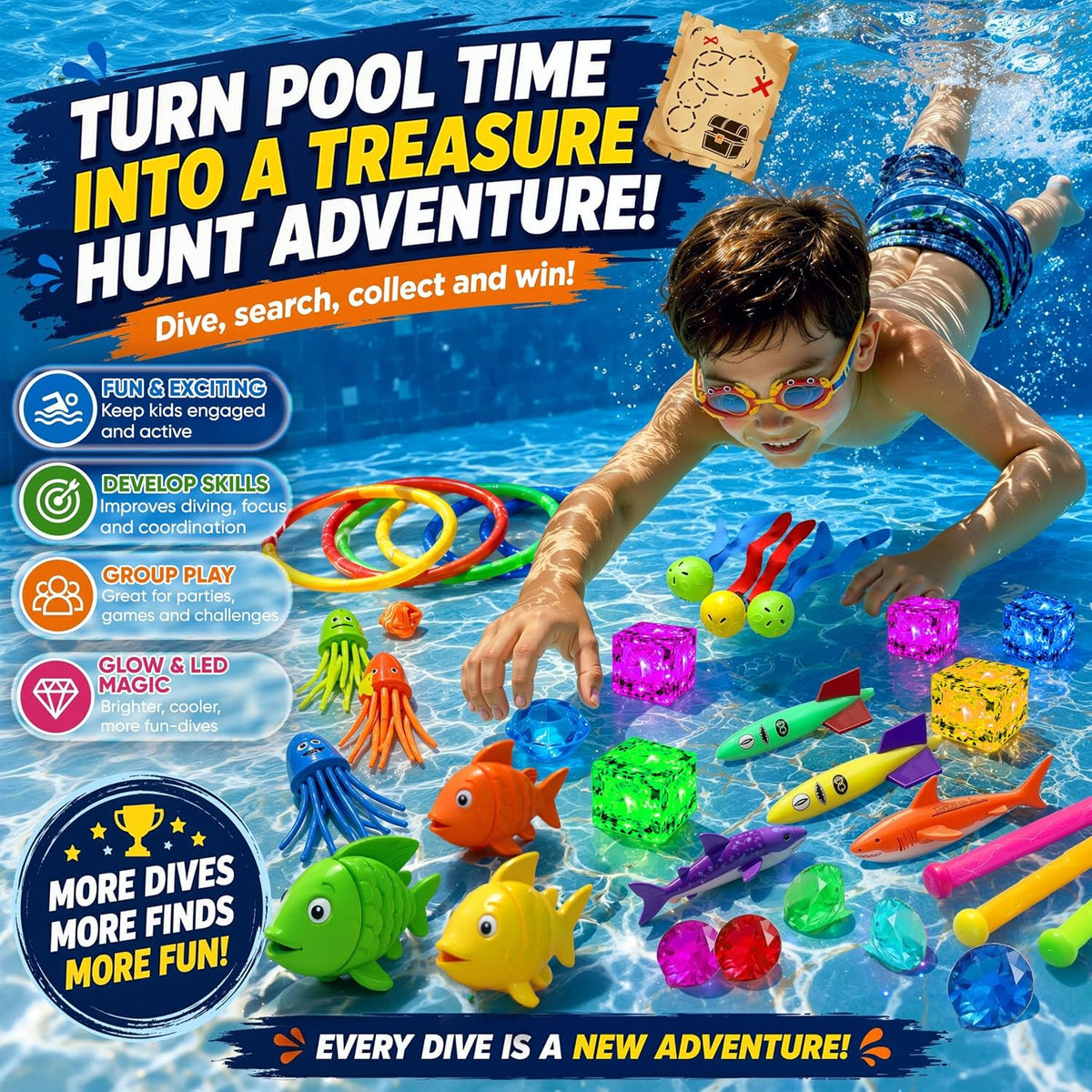 JoyX 35 piece glow pool diving toys set with LED cubes, diving rings, goggles and carry bag - view 4