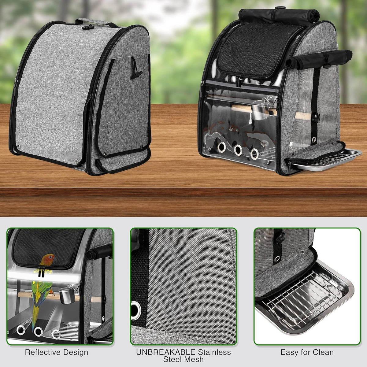 Bird Carrier Bag with Indestructible Stainless Steel Mesh - Grey - image 2