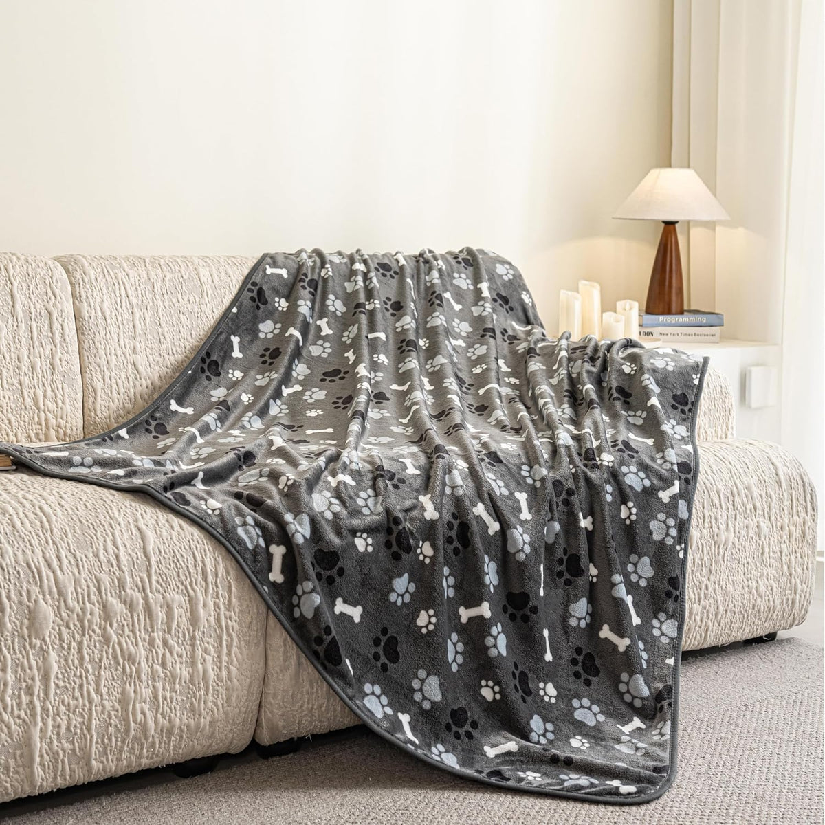 Dog Blanket Paw Bone Pattern 1 Pack 2 Super Soft Warm Flannel Sofa - 60*50 inch (Pack of 2) / Grey|paw Bone - image 2