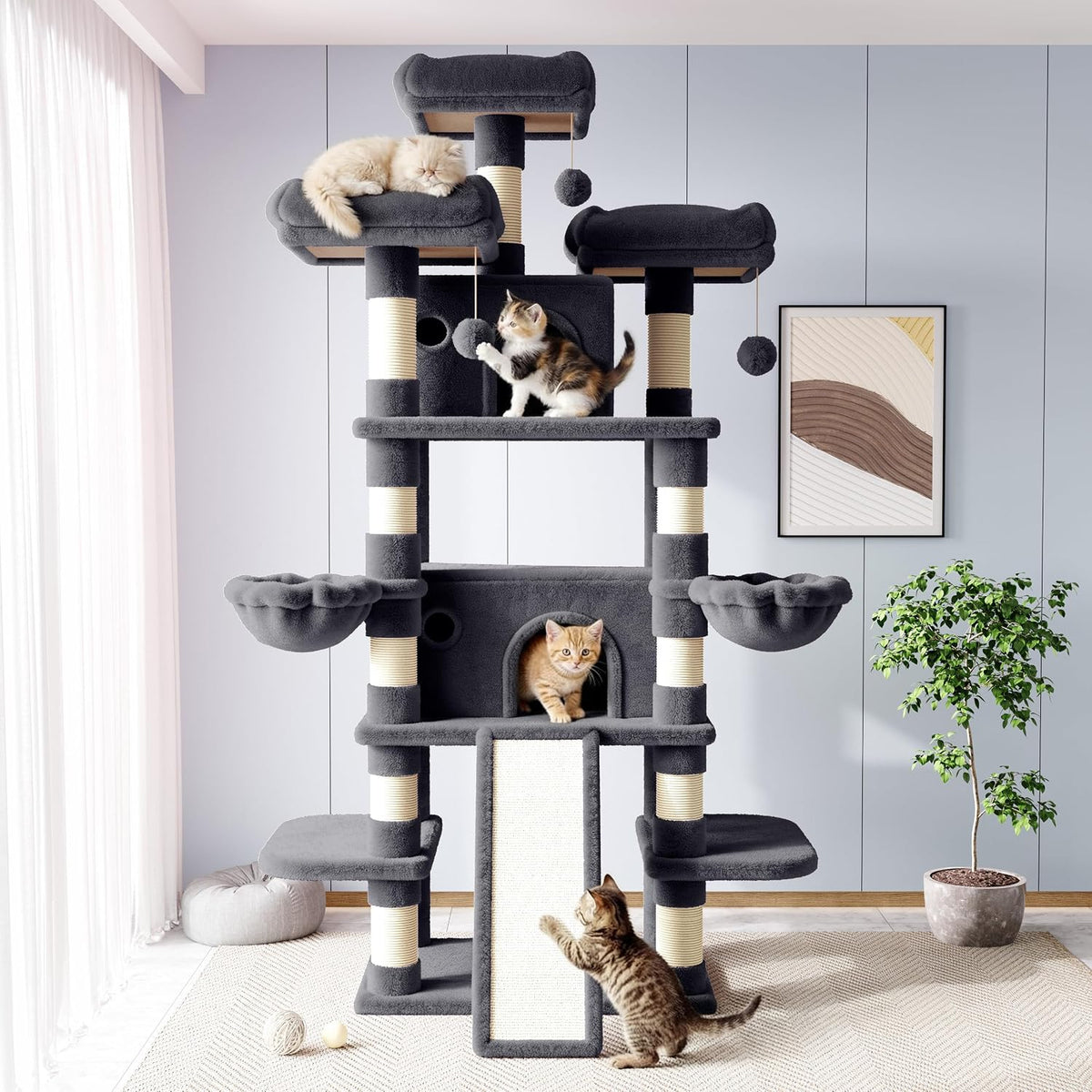 Allewie 68 Inches Cat Tree/House and Towers for Big Feline/Scratching - 82 in / Smoky Grey - image 2