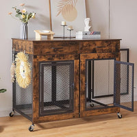 43" Large Dog Crate Furniture, Wood Dog Kennel End Table with Drawers, Decorative Pet Crate with Removable Partitions & Wheels, Dog House Indoor for Large/Medium/Small Dogs