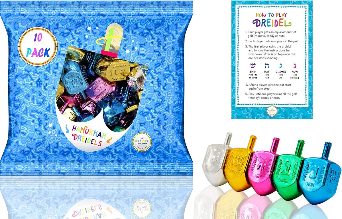 The Dreidel Company multicolored metallic plastic Hanukkah dreidels with English transliteration - view 4