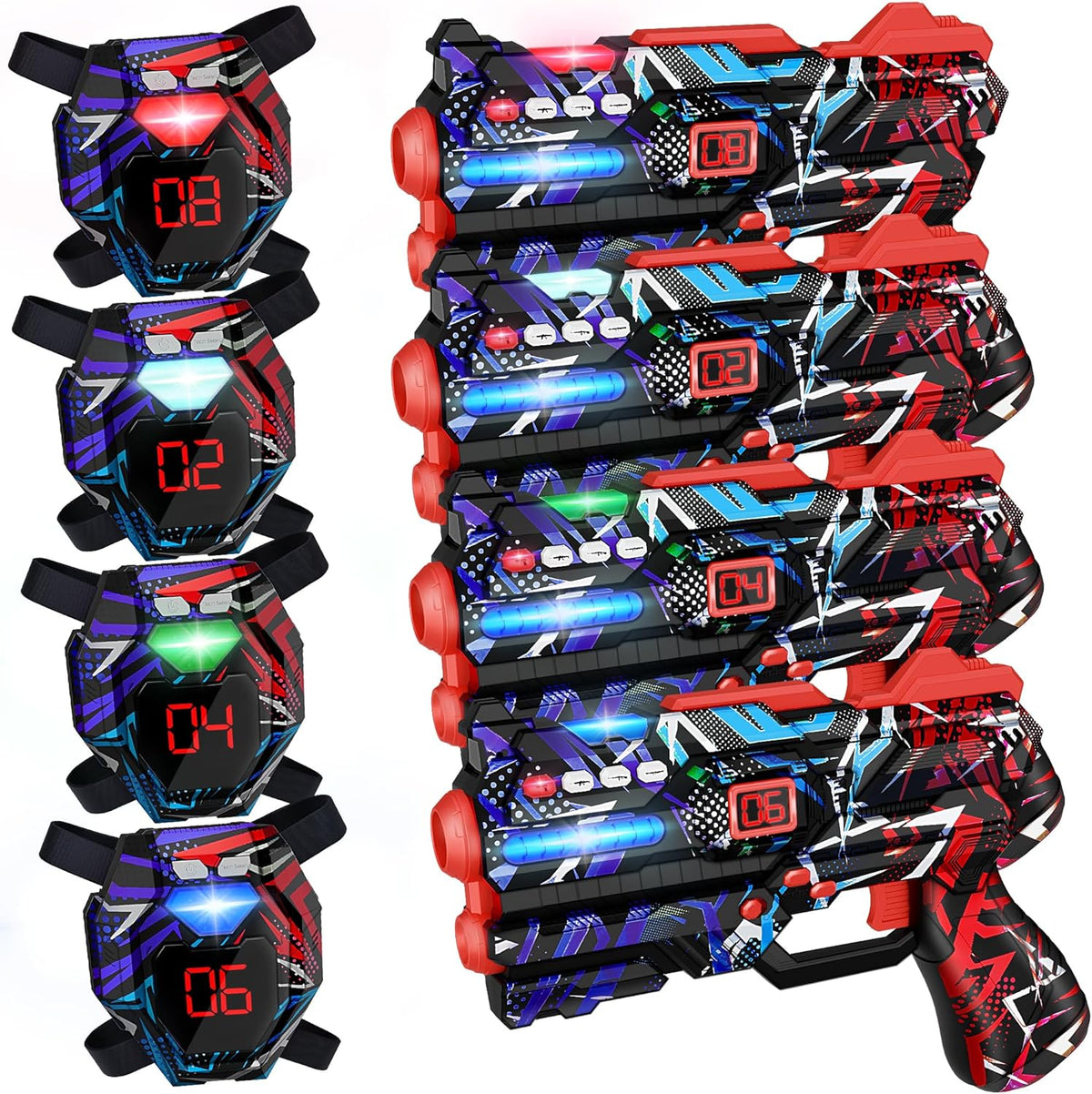 Laser Tag Guns Set of 4 Laser Tag Guns with Digital LED Score Display - Red Blue