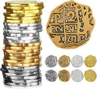 Hicarer metal pirate coins, 35 Spanish doubloon replicas in bronze, gold and silver