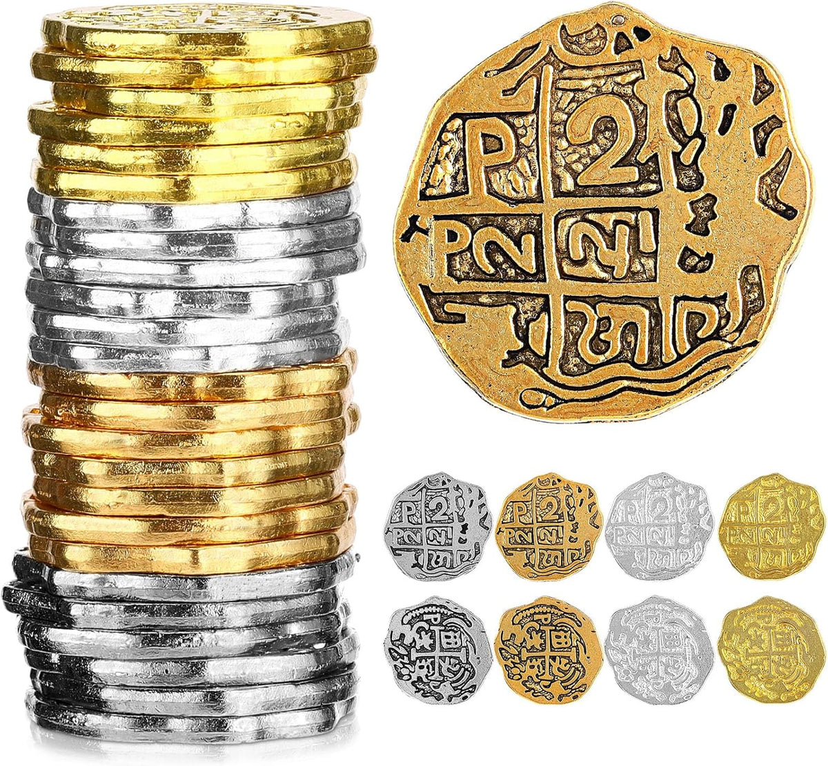 Hicarer metal pirate coins, 35 Spanish doubloon replicas in bronze, gold and silver