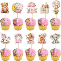 Gyufise 36Pcs Baby Shower Bear Cupcake Toppers Moon Baby Bear Baby - Pink White