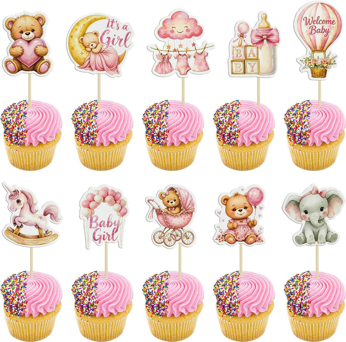 Gyufise 36Pcs Baby Shower Bear Cupcake Toppers Moon Baby Bear Baby - Pink White