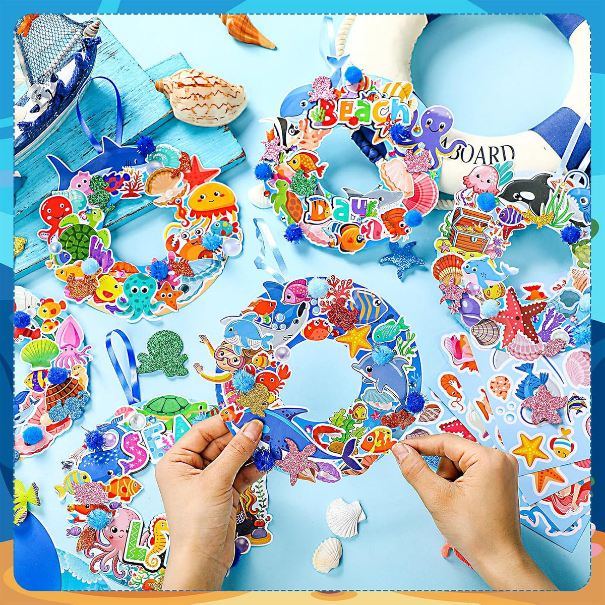Hollowfly Thanksgiving paper wreath craft kits with gem stickers, ribbons and wool balls - view 19