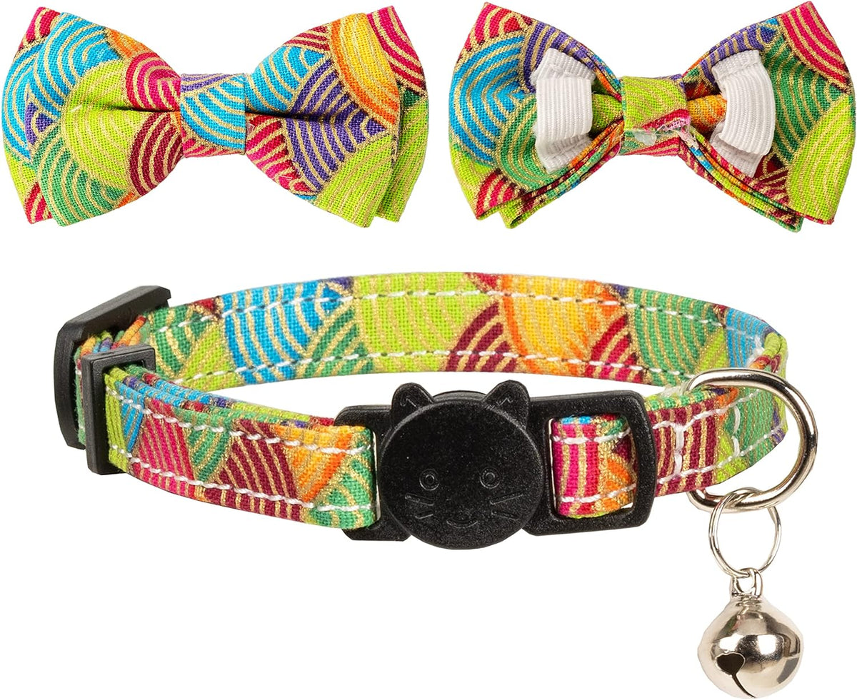 Collar for Cat Pet Breakaway with Bell Bowtie Detachable Bow - Kimono-Green & Purple - image 4