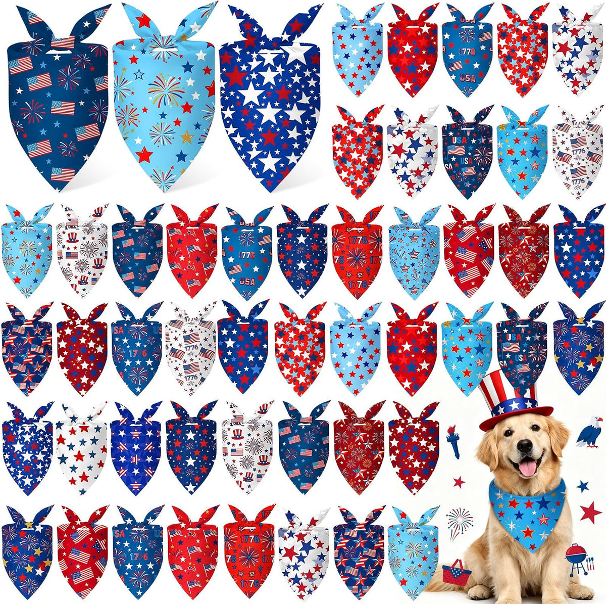 Abbylike 50 Pcs Halloween Dog Bandanas Bulk - 4th of July / 31.5 x 21.7 x 21.7"