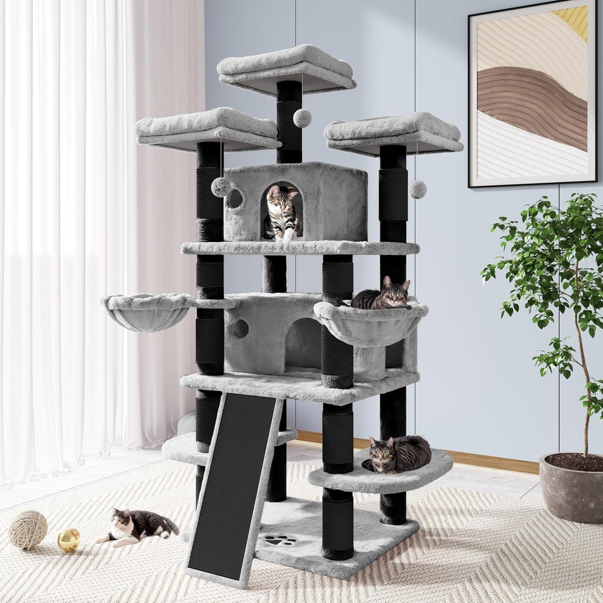 Allewie 68 Inches Cat Tree/House and Towers for Big Feline/Scratching - 68 in / Black & Grey