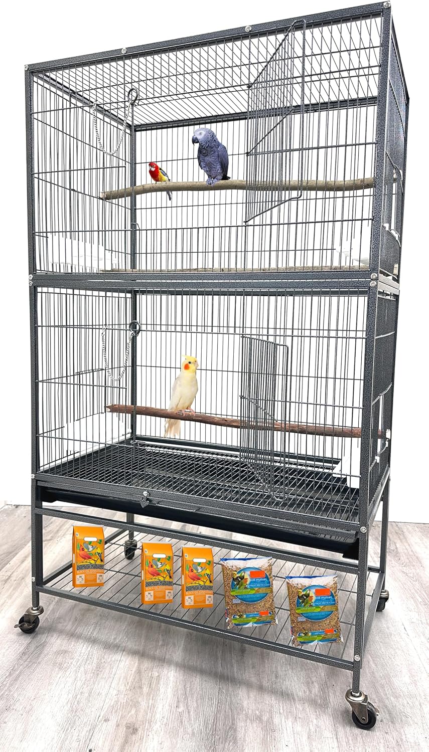 30.5Lx18.5Wx52.5 H Sturdy Wrought Iron Bird Parrot Home Cage On Wheels – Essentials for Birds - Black Vein / 30.5"L x 18.5"W x 52.5"H
