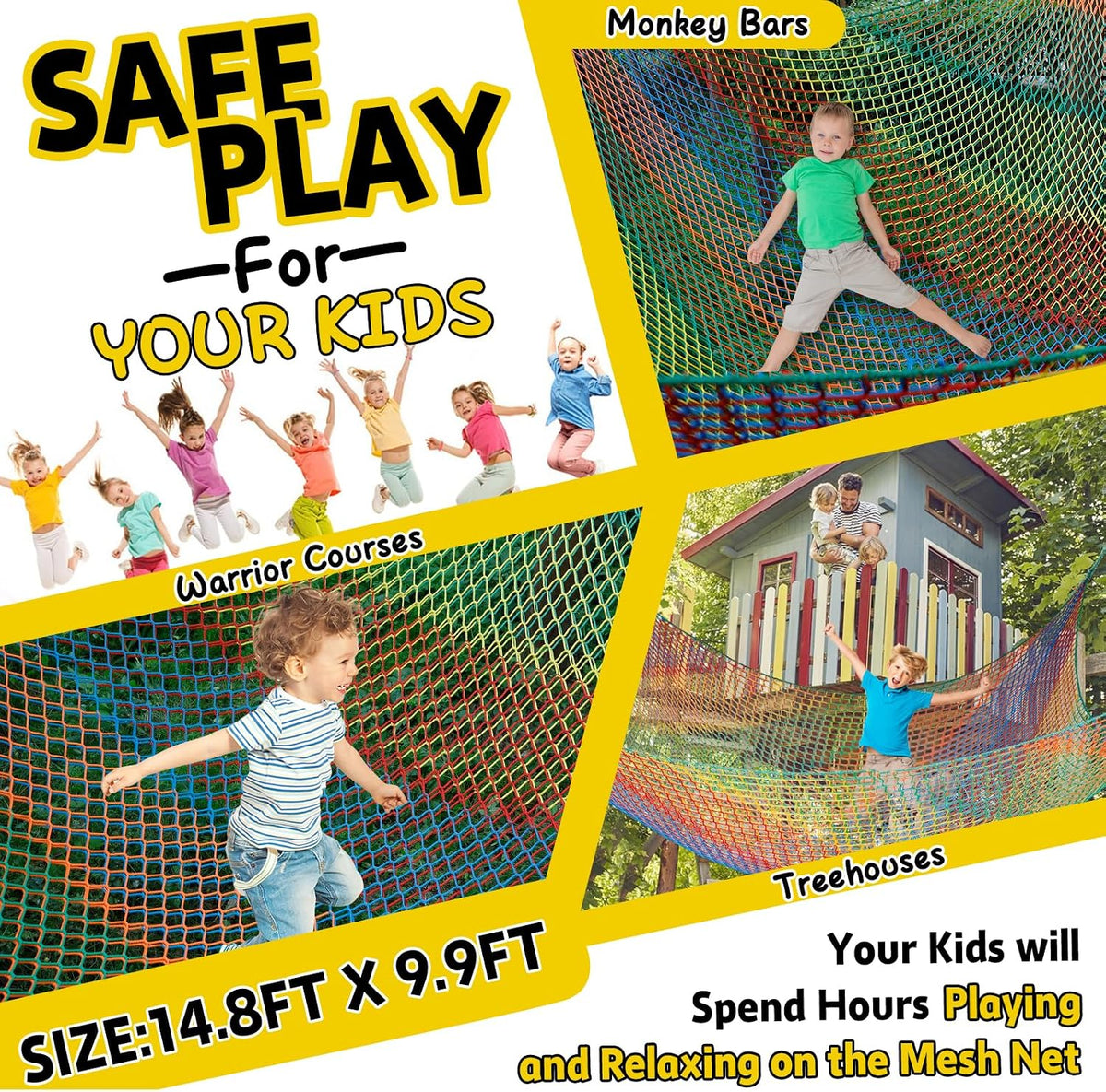 Climbing Net for Kids - 9.9FT x 9.9FT Double Layers Heavy Duty Playground Safety Net, Climbing - Rainbow / 14.8' x 9.9' - image 3