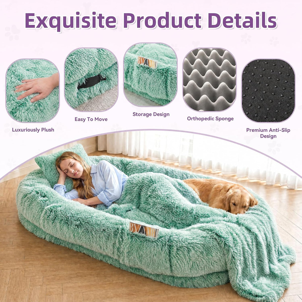 Grey Human Dog Bed, 71''x45''x12'' Size Fits Adult and Pet - Gradient Green - image 3