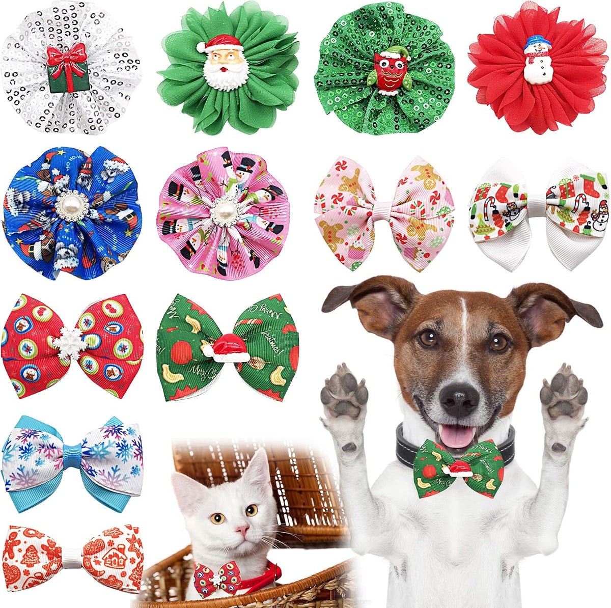 PET SHOW Holiday Dog Bowties Flowers for Small Dogs Slide on Collar – Essentials for Dogs - Christmas-12pcs