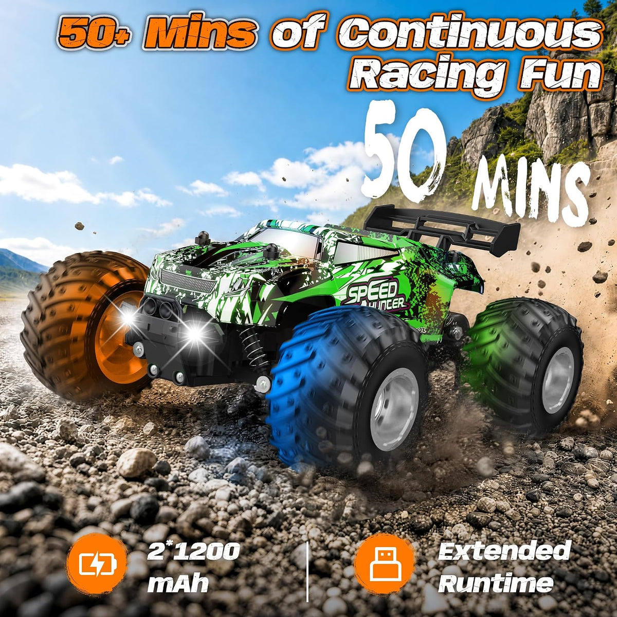 Remote Control Car All-Terrain 1:18 Rc Car with LED Lights 2 Batteries – Fun for Kids & Family - Green - image 3