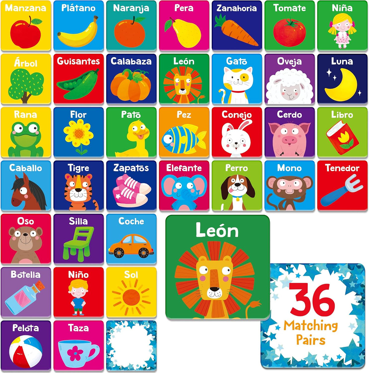 Hebayy 72 PCS Memory Matching Game - Cartoon Animals (Spanish version)
