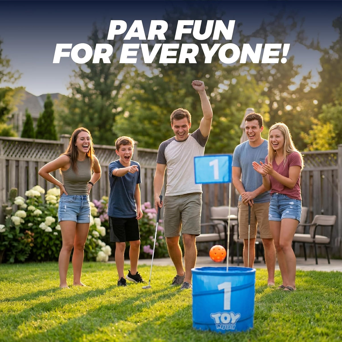 TOY Life backyard bucket golf game set with blue golf buckets, flag and golf balls on a lawn - view 11