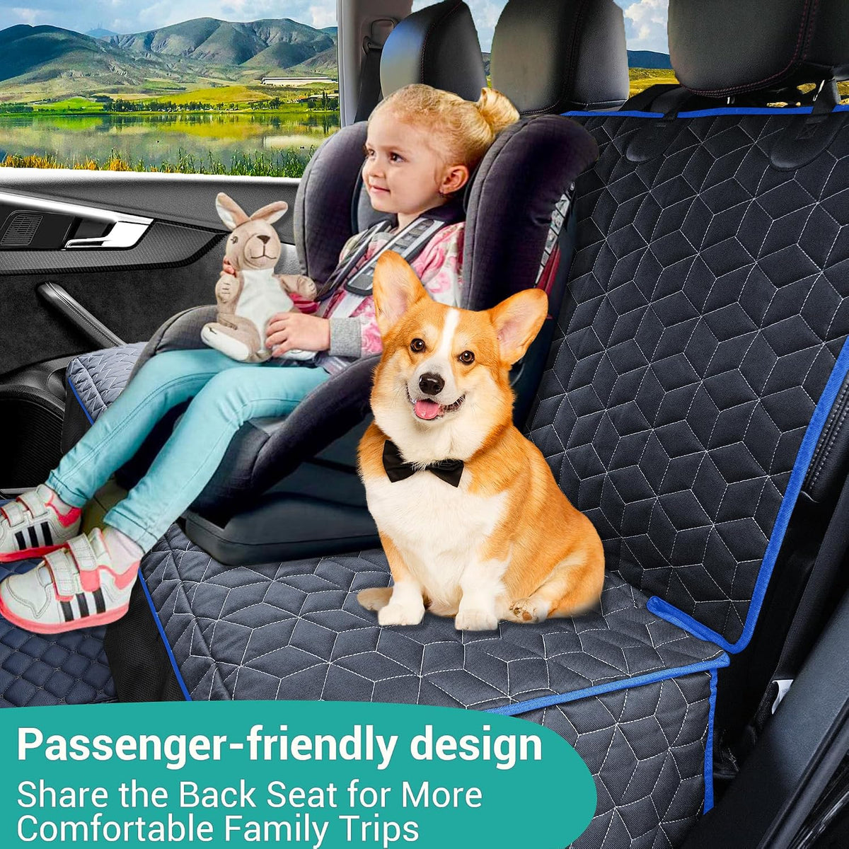 Dog Car Seat Covers for Back Seat - Bench-61"W / Blue border - image 4
