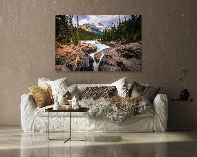 Nature Wall Art Prints - Ocean Forest Mountain Lake Canvas Landscapes - Small to Extra Large Living Room Bedroom Kitchen Bathroom Décor (Mountain River Waterfall, 47L" x 71W" - 3 panels)