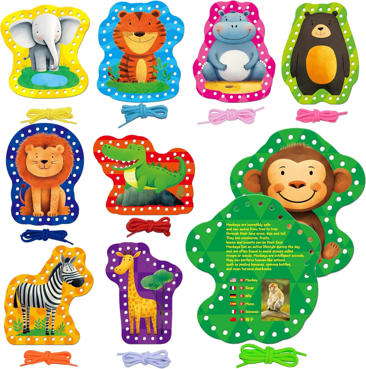 SpriteGru 9 Pieces Kids Lacing Cards - Wild Animal
