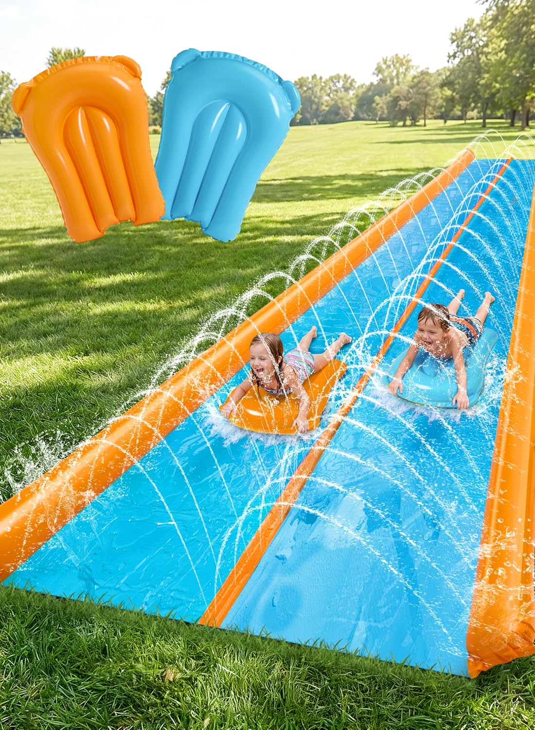 Sloosh double lane water slide, 25 x 6 ft lawn slide with sprinkler and two boards