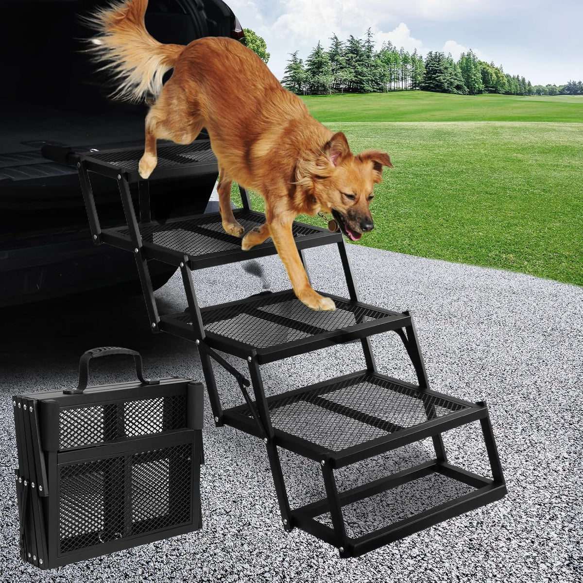 Folding Dog Stairs for Car, 16.9" Wide 4-Step Non-Slip Pet Steps – Essentials for Dogs - Mesh / 16.9In-4 Steps
