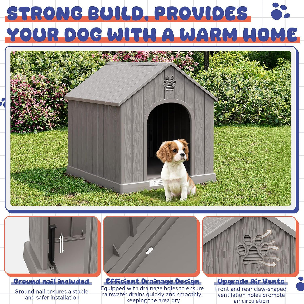 Dog House Outdoor, Plastic Small Dog House-Weatherproof Design with Air Vents & Elevated Floor - Classic Grey / 26" L x 23.6" W x 25.8" H - image 4