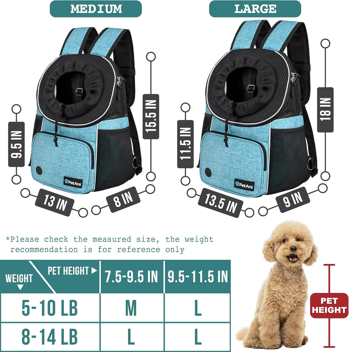 PetAmi Dog Front Carrier Backpack - Large (15.5x9x18) / Teal Blue - image 3