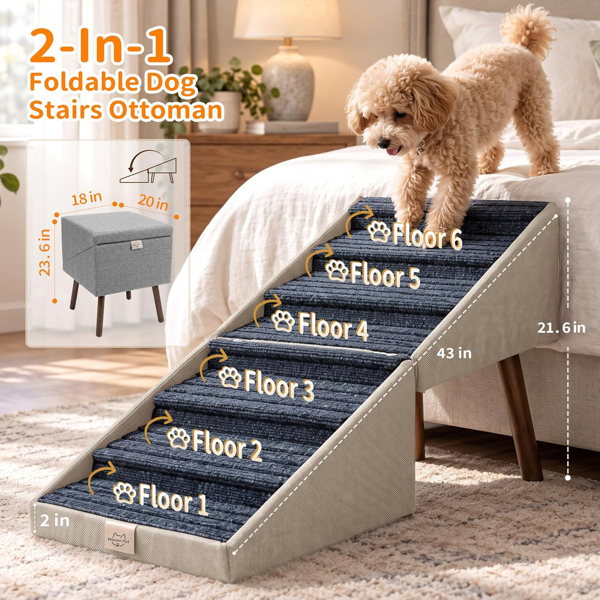 XXL 2-in-1 Ottoman Dog Stairs for Large Dogs - Beige H 21.6" - image 2