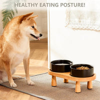 Ceramic Elevated Dog Bowls, Pet Food and Water Bowl Set for Small Dogs and Cats, 1.7 Cups Elevated Cat Bowls with Wood Stand, 14OZ, Black