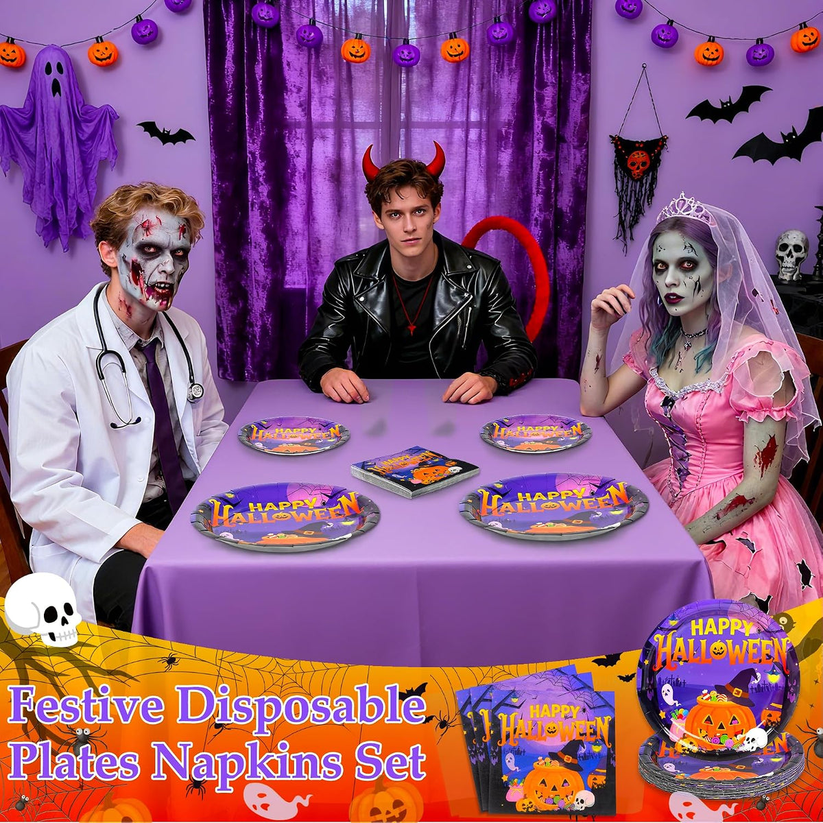 qonimi Halloween plates and napkins set, 75 piece disposable tableware - view 36