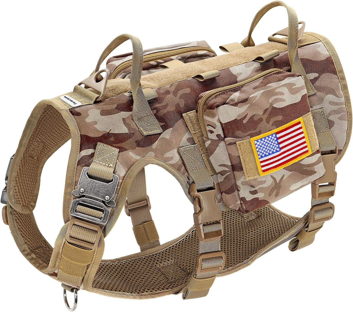 Forestpaw Tactical Dog Harness for Large Dogs, Military, L - M:Chest 22-35",Fit 30-80lbs / Camouflage Brown