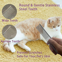 Cat Grooming Brush Kit 6 Tools - Deshedding & Dematting for Long/Short Hair, Self-Cleaning Slicker Brush with 6-in-1 Flea Comb for Cats & Kittens (Blue)