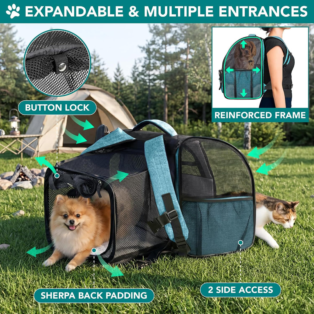 PetAmi Expandable Dog Cat Backpack Carrier, Airline Approved - 12.5"L x 10.2"W x 16.3"H / Turquoise - image 3
