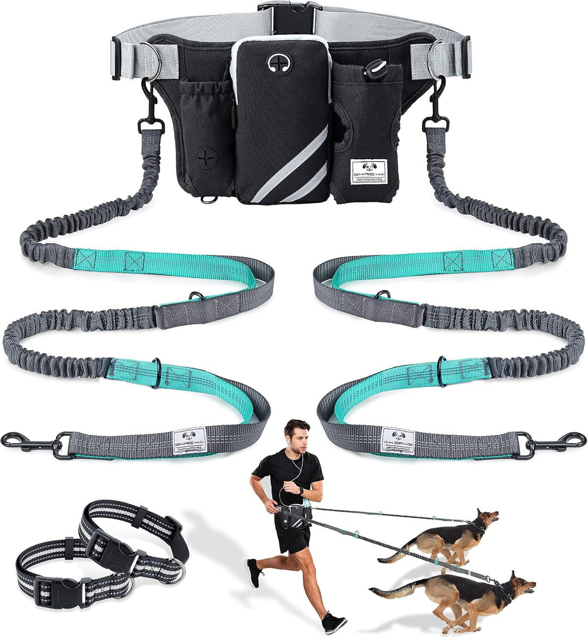 SHINE HAI Retractable Hands Free Dog Leash with Dual Bungees for 2 - Blue/Black / For 2 Dog