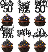 24PCS Black Happy 50th Birthday Cupcake Toppers Fifty Straight Outta - Black / 50th
