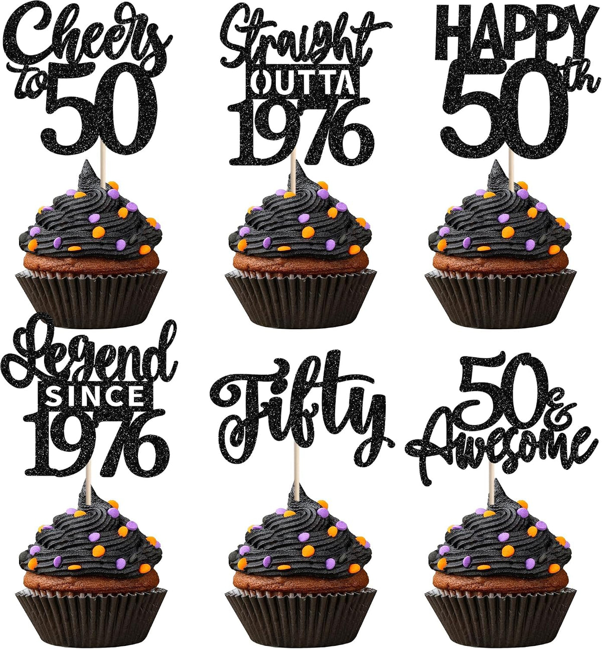 24PCS Black Happy 50th Birthday Cupcake Toppers Fifty Straight Outta - Black / 50th