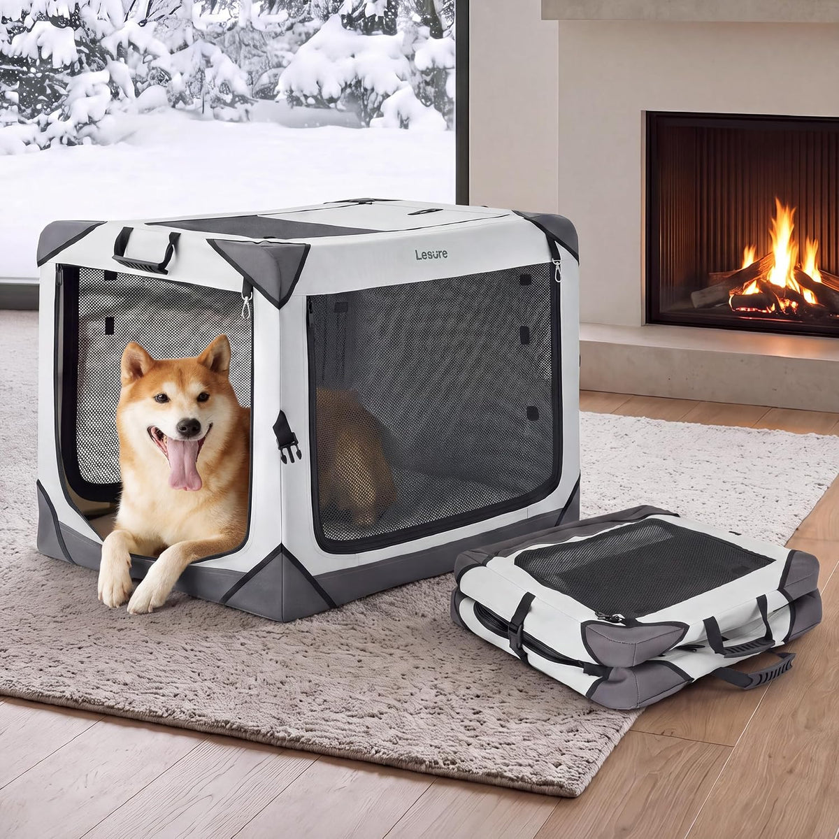 Lesure Portable Soft Collapsible Dog Crate for Large Dogs - Light Grey / 30.0"L x 21.0"W x 21.0"H