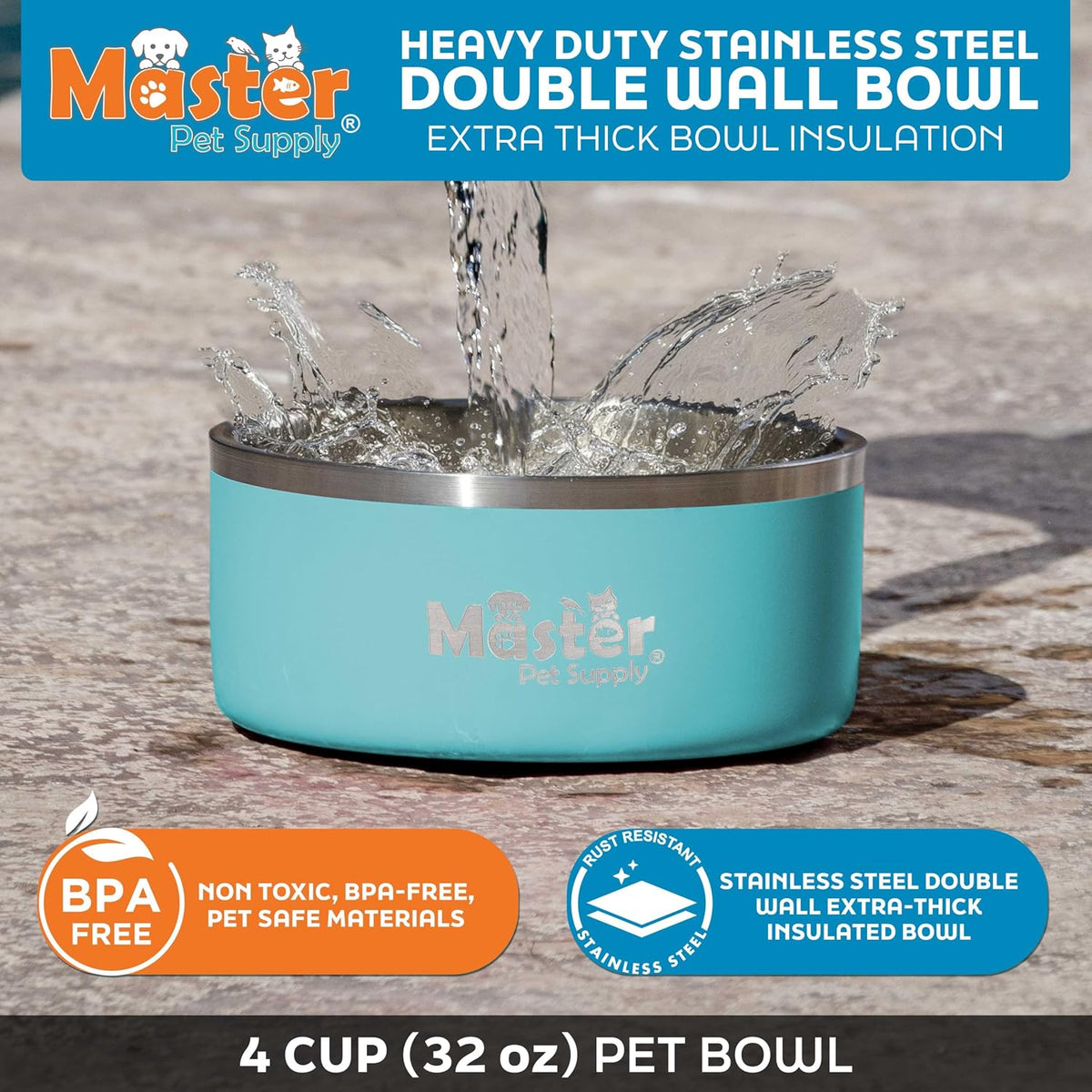 Master Pet Supply Stainless Steel Dog Bowls 128 oz Heavy Duty Aqua Sky – Essentials for Dogs - Aqua Sky / 4 Cups (32 oz) - image 3