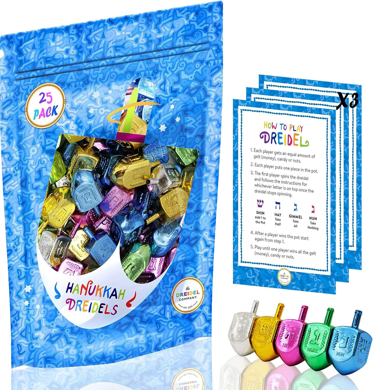 The Dreidel Company multicolored metallic plastic Hanukkah dreidels with English transliteration - view 3