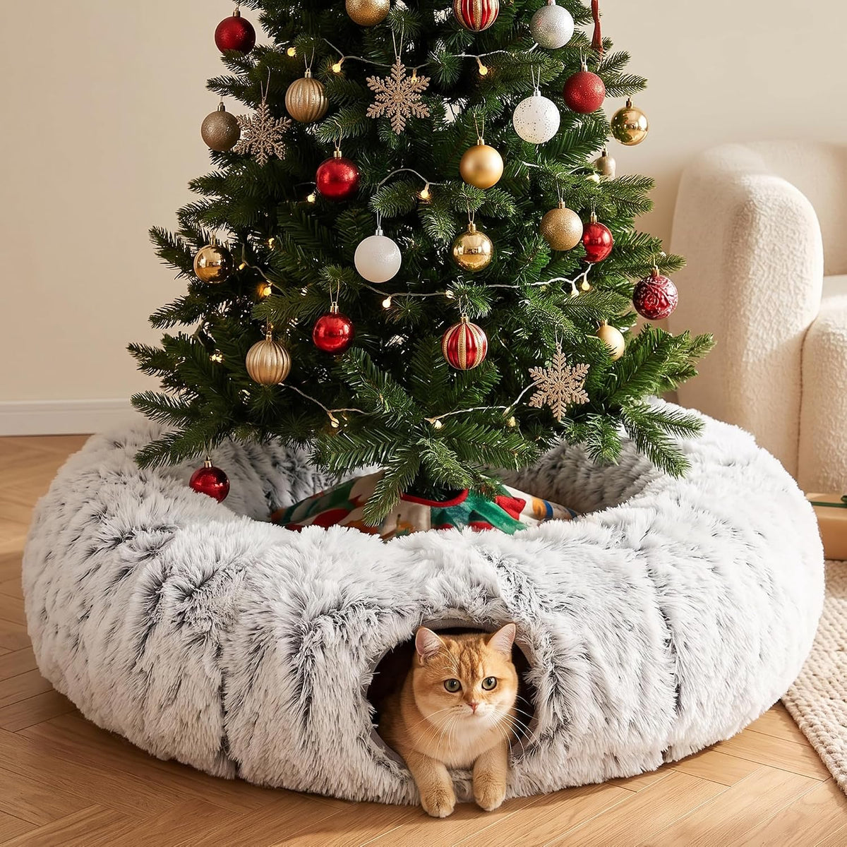 Avont cat tunnel bed in circle shape with plush ball and washable center cushion