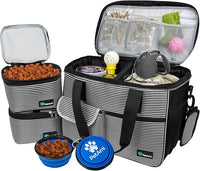 PetAmi Dog Travel Bag - Travel Pet Organizer with Food Container and Bowls, Perfect for Weekend Camping, Cat Diaper Bag (Stripe Black, Medium)