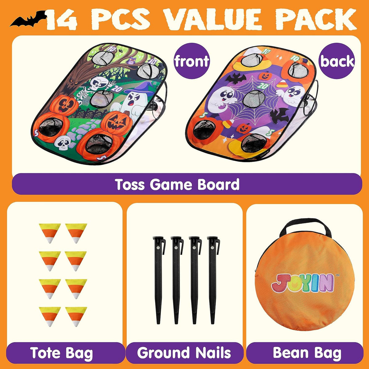 JOYIN Halloween bean bag toss game board with 8 bean bags, 4 stakes and tote bag - view 2