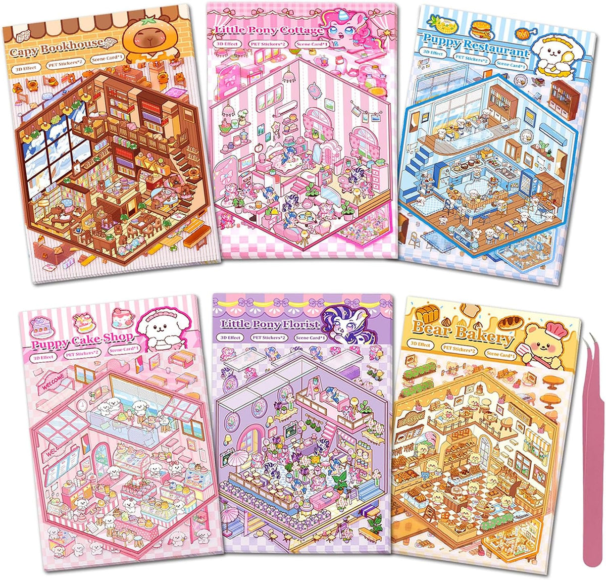 Xuoent 3D scene sticker book with mini kawaii scenes and tweezers - view 2